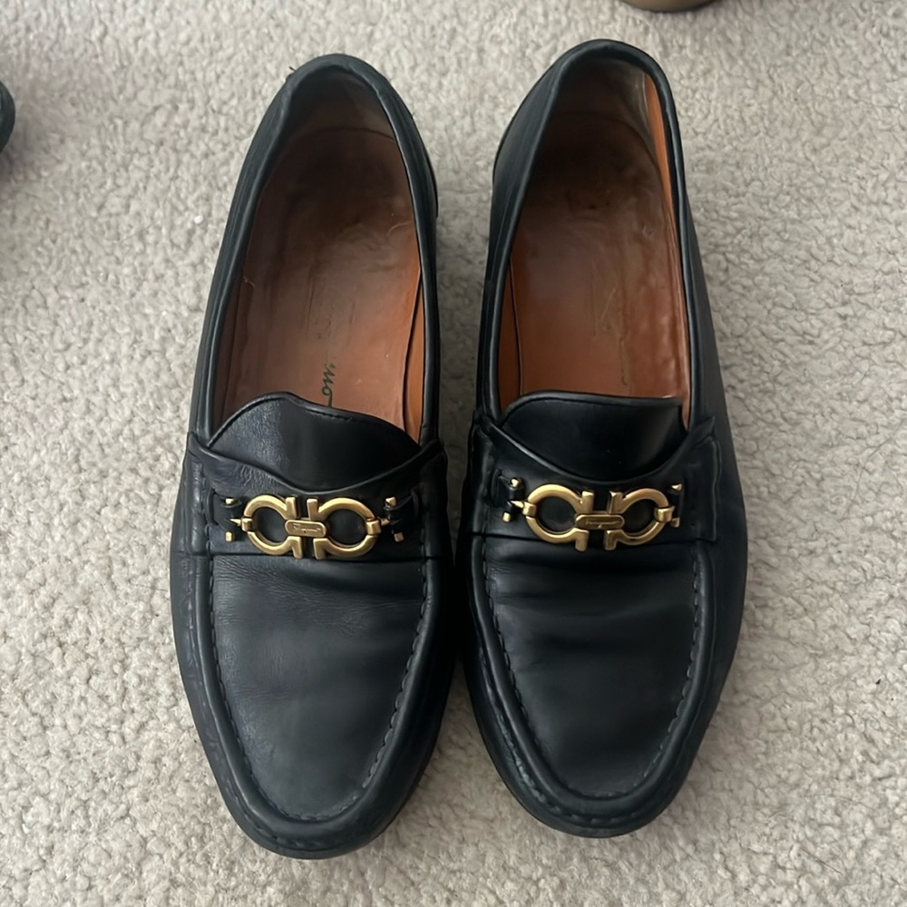Black Ferragamo Loafers with gold hardware